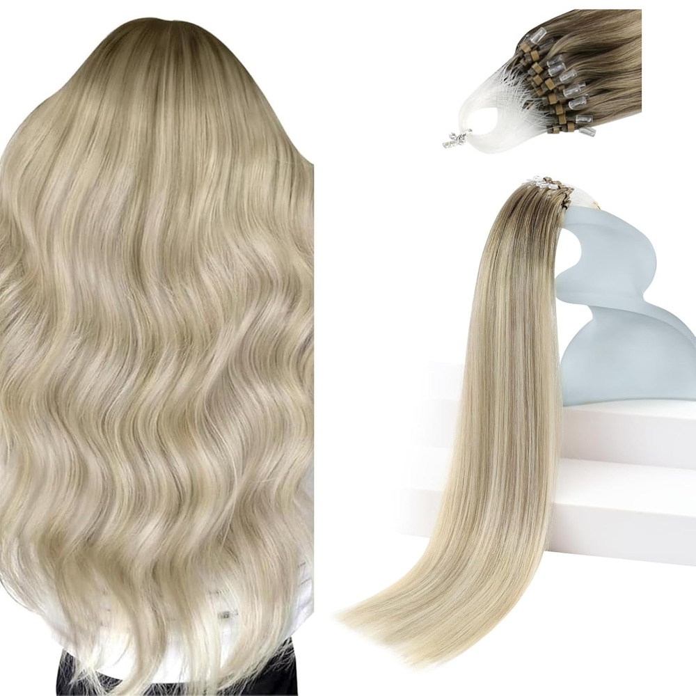 imageSunny Hair 20 Inch Micro Bead Hair Extensions Real Human Hair Blonde Balayage Soft Invisible Microlink Provides Length and Fullness for Evening Parties and Formal Occasions 50g