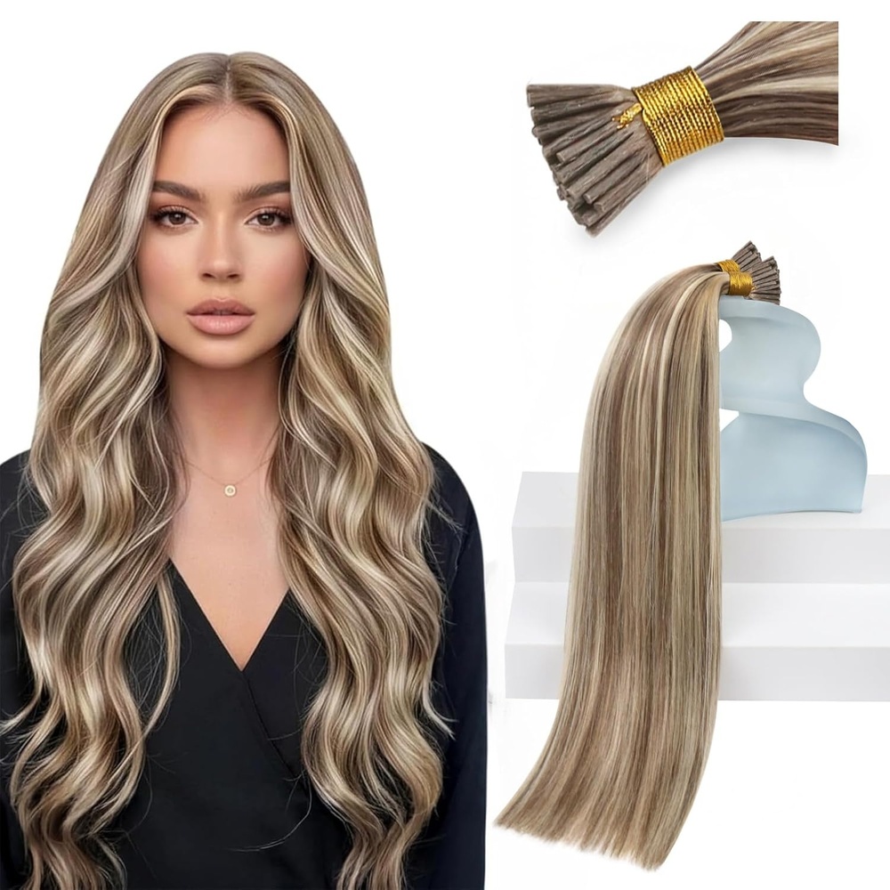 imageSunny Hair 24inch I Tip Hair Extensions Human Hair Brown Highlights Platinum Blonde Itip Human Hair Extensions Pre Bonded Extensions 50g