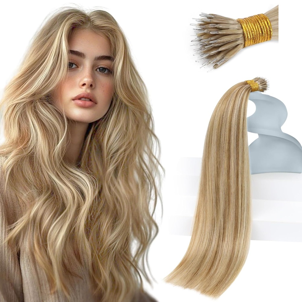 imageSunny Hair Nano Hair Extensions Human Hair Blonde Nano Ring Hair Extensions Light Blonde with Platinum Nano Tip Hair Extensions Real Human Hair for Long Hair 50G 22Inch