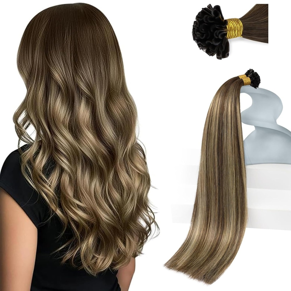 imageSunny Hair U Tip Hair Extensions Human Hair 24inch Utip Human Hair Extensions Brown Balayage Caramel Blonde Ktip Hair Extensions Invisible Keratin Hair 50g