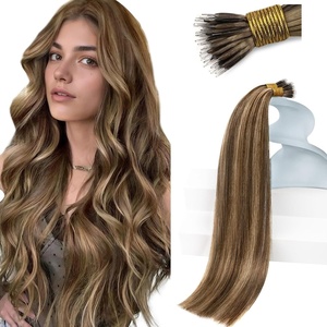 Sunny Hair Nano Bead Hair Extensions Human Hair Nano Link Hair Extensions Remy Dark Brown Hair With Caramel Blonde Highlights for Travel 18inch Nano Ring Hair Extension 50g