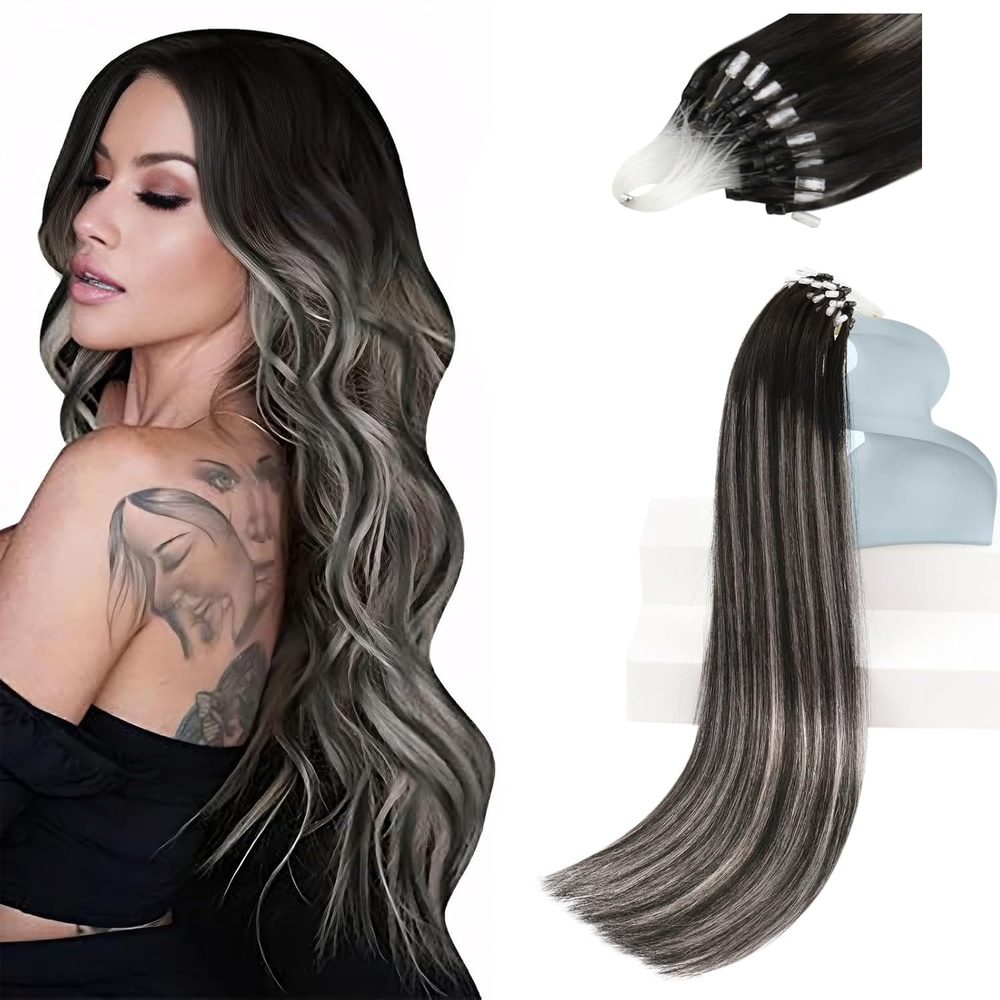 image:imageSunny Hair 18 Inch Micro Link Human Hair Extensions Soft Micro Loop Hair Off Black to Silver Mix with Black Rooted for Evening Parties Formal Occasions and Celebrations 50g