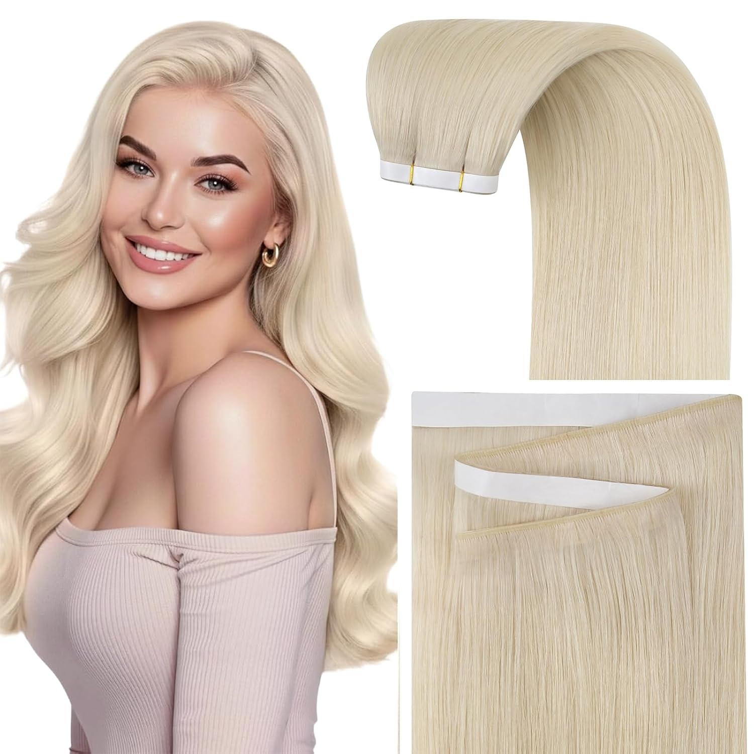 image:imageSunny Hair Light Brown Balayage Injected Invisible Tape in Hair Extensions 22 Inch 20Pcs 50g Natural Invis Edge Tape Real Human Hair Seamless Hand Sewn Hair Extensions60 Platinum Blonde