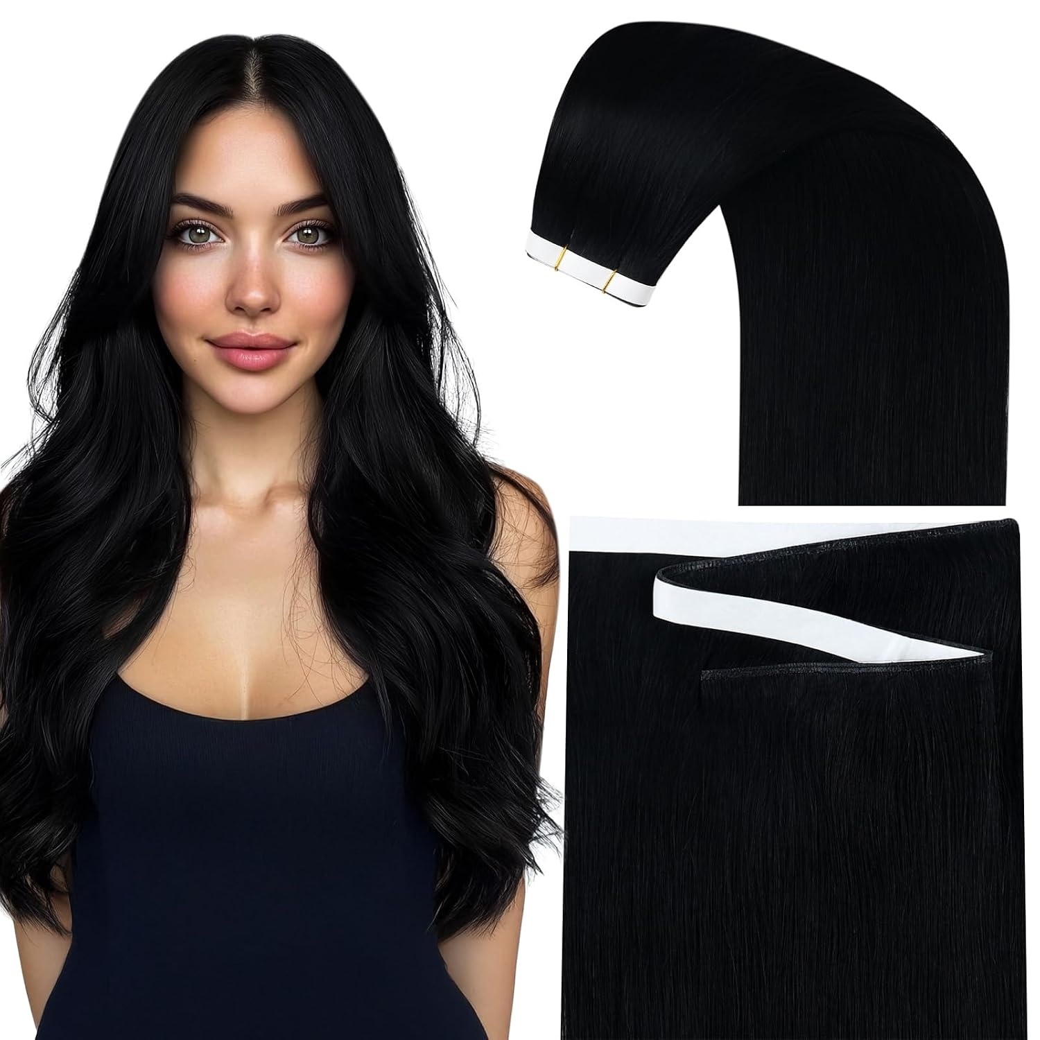 image:imageSunny Hair Light Brown Balayage Injected Invisible Tape in Hair Extensions 22 Inch 20Pcs 50g Natural Invis Edge Tape Real Human Hair Seamless Hand Sewn Hair Extensions1 Jet Black