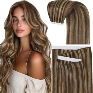 Sunny Hair Light Brown Balayage Injected Invisible Tape in Hair Extensions, 22 Inch 20Pcs 50g, Natural Invis Edge Tape, Real Human Hair, Seamless Hand Sewn Hair Extensions(#P4/27 Dark Brown Highlight Caramel Blonde)