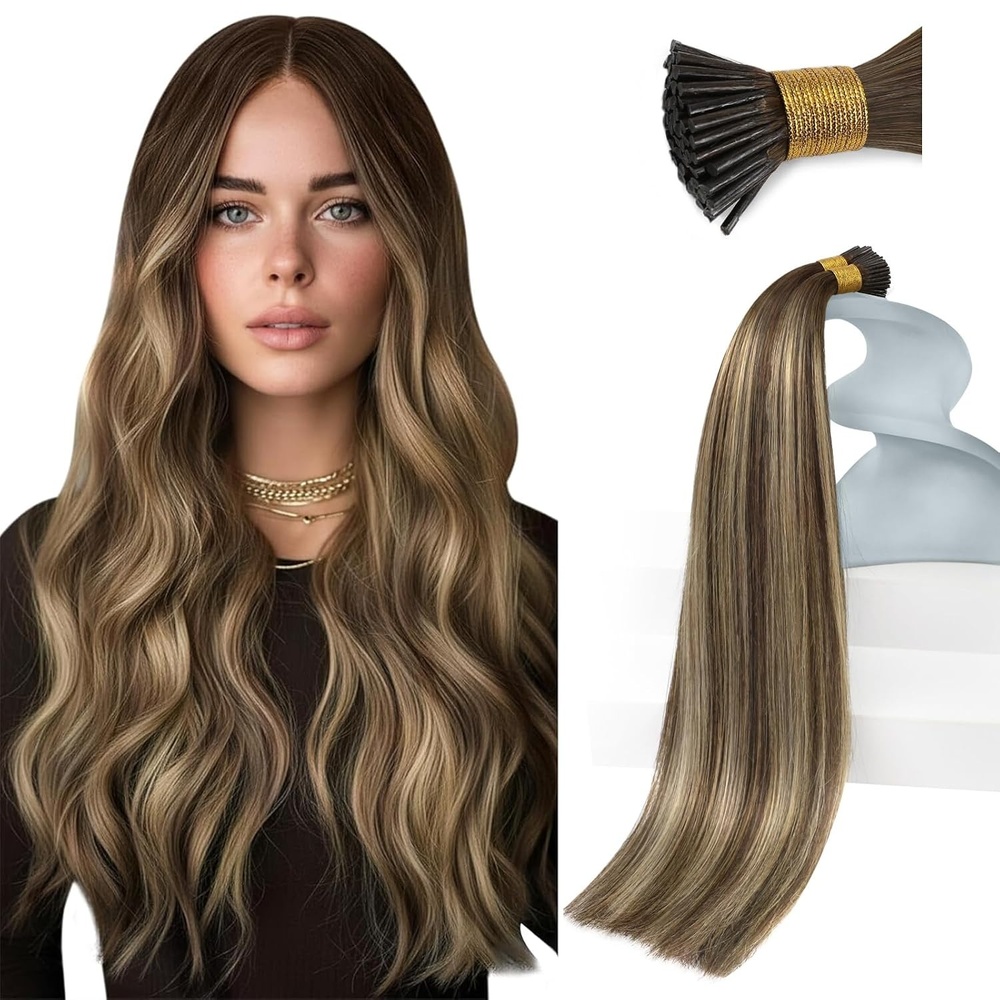 image:imageSunny Hair 16 Inch I Tips Real Human Hair Extensions Brown Ombre Blonde Invisible Soft Itips Easy to Maintain Natural Blend for Women Seeking Subtle Highlights 50g