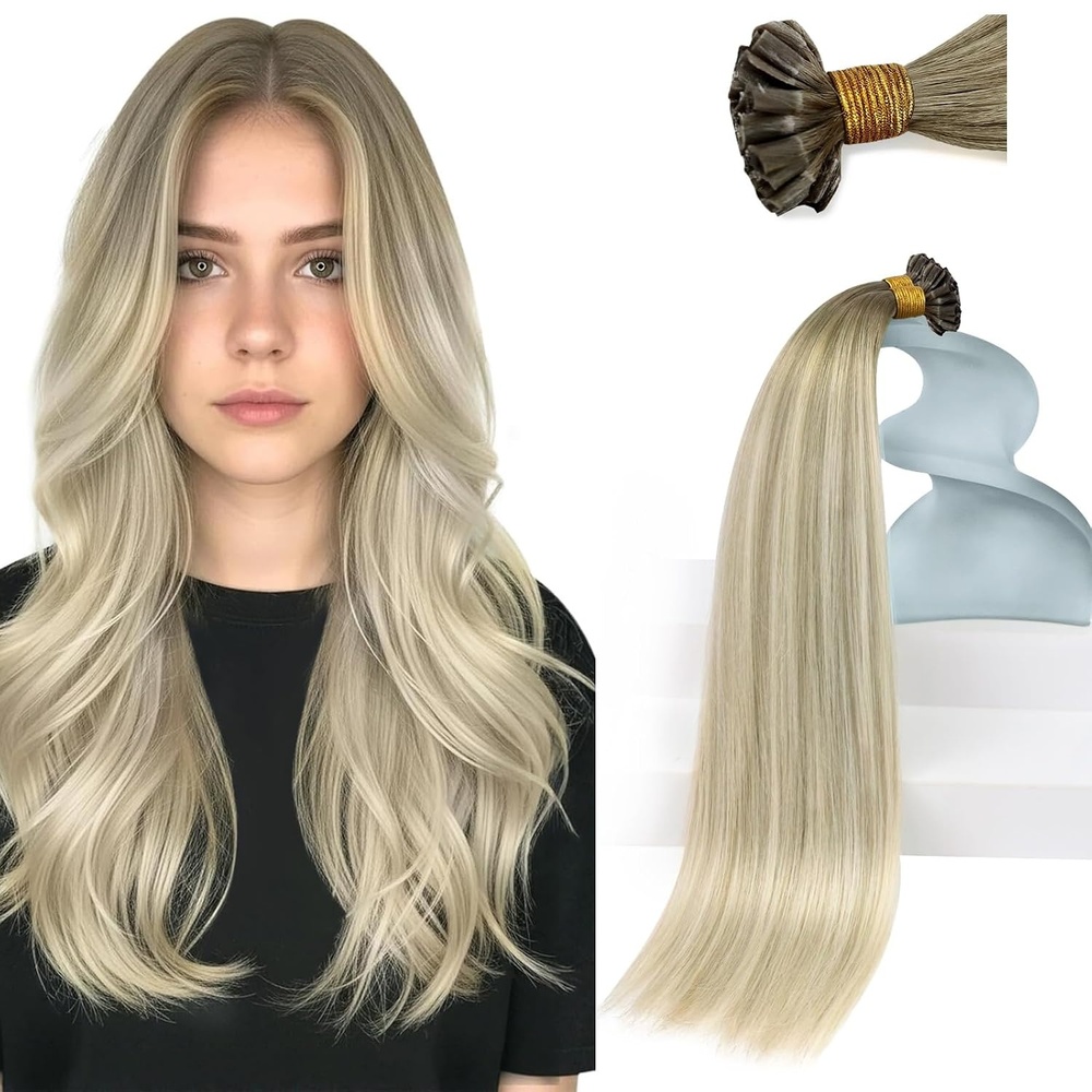 image:imageSunny Hair 20 Inch K Tip Hair Extensions Human Hair Easy to Maintain U Tip Extensions Ombre Ash Blonde Balayage Platinum Blonde Ktip 50g