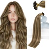 Sunny Hair 16 Inch U Tip Hair Extensions Human Hair, Dark Brown with Caramel Blonde, Soft Ktip Design, Invisible Bonds, Easy to Maintain, Adds Dimension for Parties and Night Out Gatherings, 50g