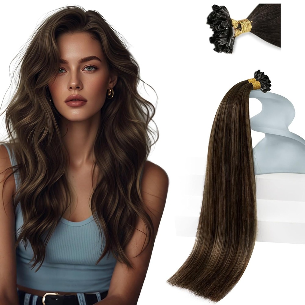 image:imageSunny Hair U Tip Hair Extensions Human Hair 20 Inch 50g Soft Keratin Tips Brown Balayage Ktips for Women with Active Lifestyles Maintains Style for Parties and Weddings