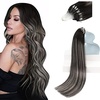 Sunny Hair Black Micro Loop Real Human Hair Extensions, 22 Inch Long Micro Bead Salt and Pepper Hair, Off Black Fading to Silver Grey Balayage, Suitable for Formal Occasions, 50g