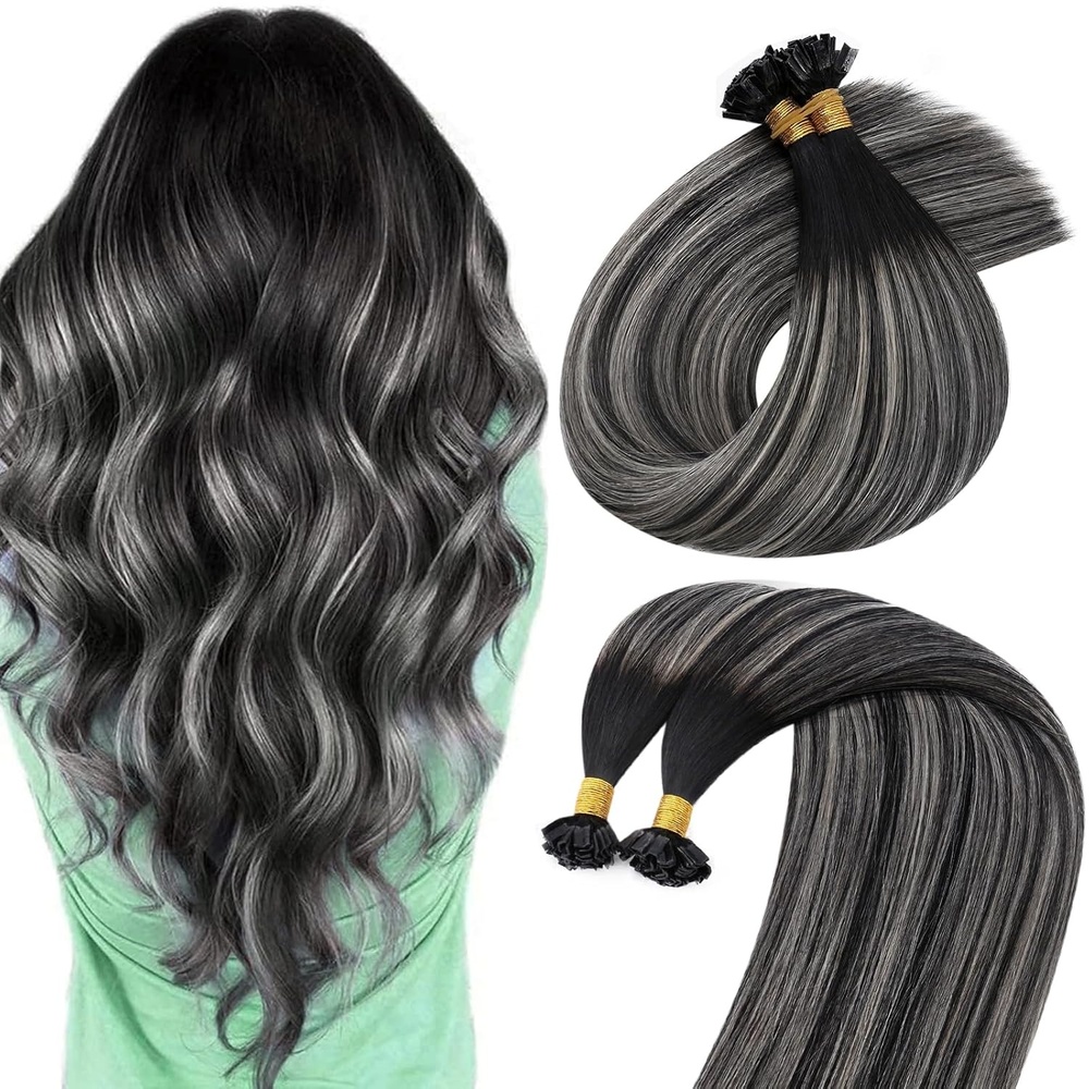image:imageSunny Hair 24 Inch K Tip Remy Human Hair Extensions Natural Black Roots to Silver Grey Balayage Keratin Vtip Bonds for Weddings Provides Elegant Length for Bridal and Formal Events 50g
