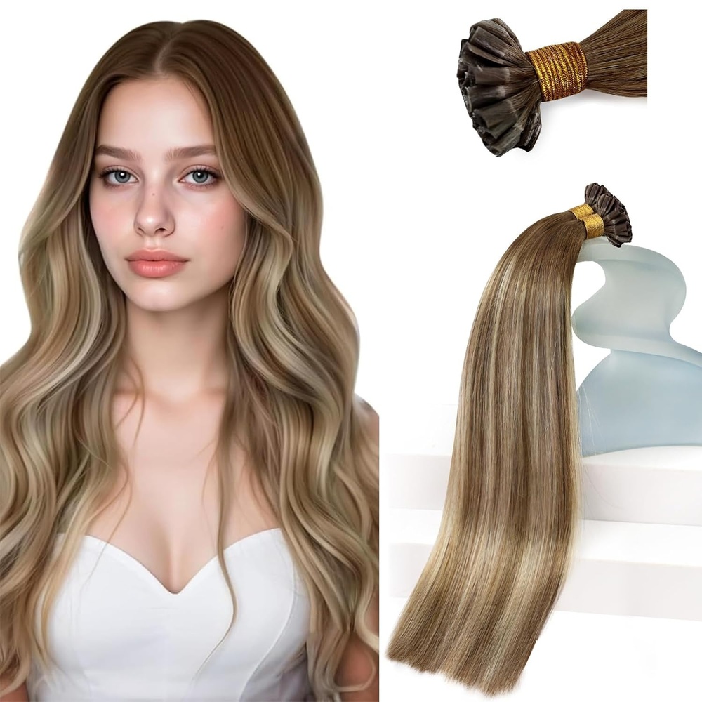 image:imageSunny Hair 24inch K Tip Hair Extension Human Hair Dark Brown Balayage Brown with Light Blonde K Tip Hair Extensions Easy to Instal Ktip Human Hair Extensions 50g