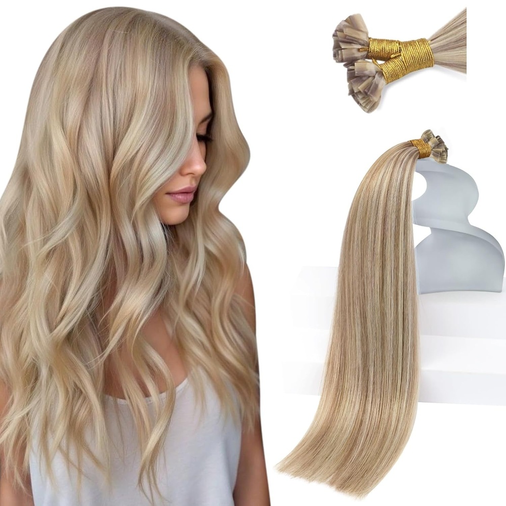 image:imageSunny Hair Flat Tip Hair Extensions Human Hair 18inch Ash Blonde Highlight Golden Blonde Soft K Tips Extensions Remy for Women 50g