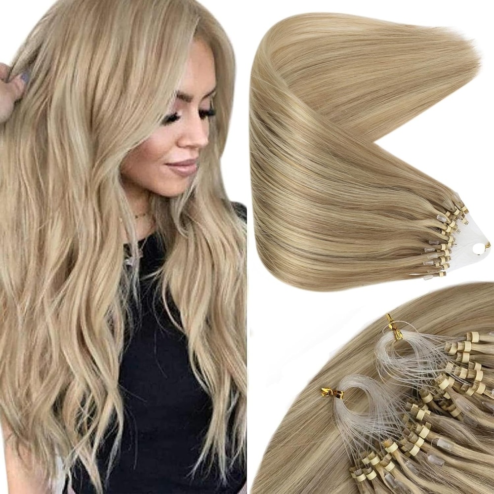 image:imageSunny Hair Micro Bead Hair Extensions Real Human Hair 14 Inch Microlink  Golden Blonde Highlights With Light Blonde Natural Movement Adds Volume For Weddings Parties And Night Out Events 50g