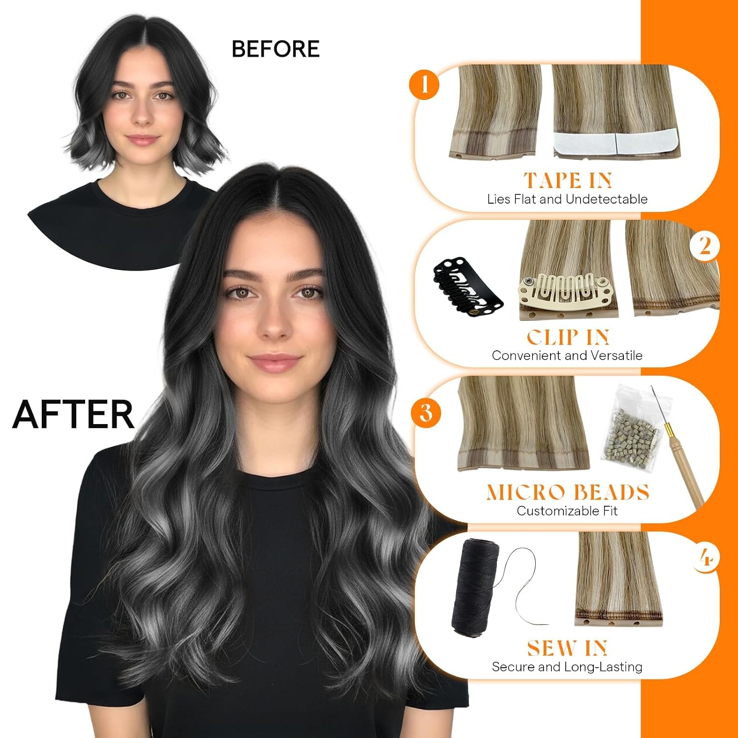 image:imageSunny Hair Butterfly Hair Extensions Black Balayage Silver 18 Inch 100G Party Ready Double Weft Hair ConfidenceBoosting Seamless Blend Natural Looking Add Volume For Birthday1BS1B Black Balayage Silver Grey