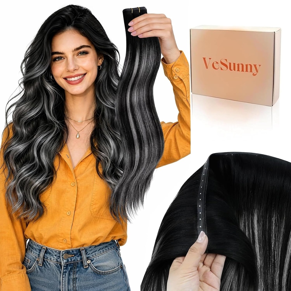 image:imageSunny Hair Butterfly Hair Extensions Black Balayage Silver 18 Inch 100G  Party Ready Double Weft Hair ConfidenceBoosting Seamless Blend Natural Looking Add Volume For Birthday1BS1B Black Balayage Silver Grey