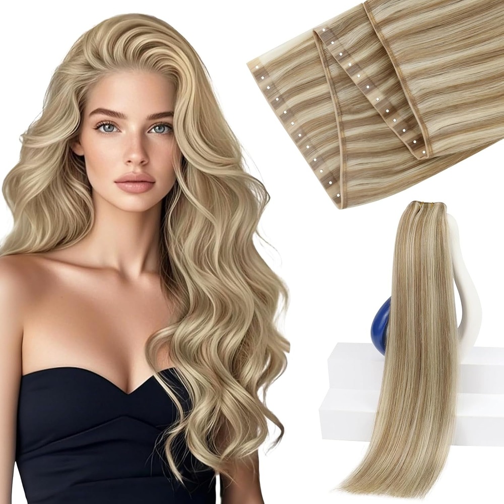 image:imageSunny Hair Butterfly Weft Hair Extensions Golden Blonde Highlights 18 Inch 50G Thick Double Weft Human Hair Can Be Styled With Heat Perfect For A Wedding Or Birthday Party