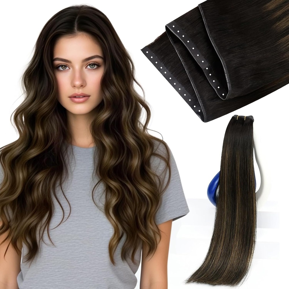 image:imageSunny Hair Butterfly Weft Hair Extensions Human Hair Balayage Brown 14 Inch 50G Easy To Style Beaded Weft Hair Extensions Natural Looking Nice For Straight Hair For Travel