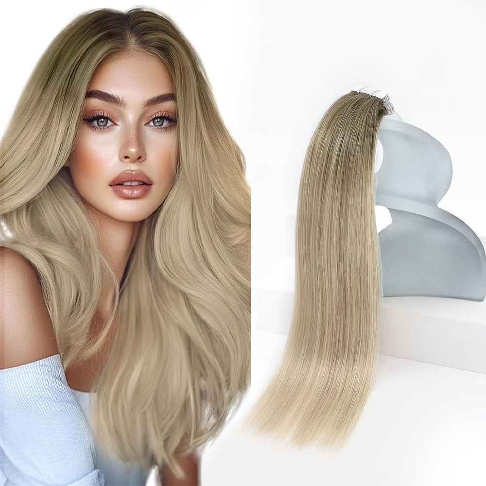 image:imageSunny Hair Tape in Extensions Human Hair Balayage 20Pcs for Graduation Days Invisible Hair Extension Tape Cool Ash Grey with Blonde Lightweight Invisible NaturalLooking Blend 14inch 50g