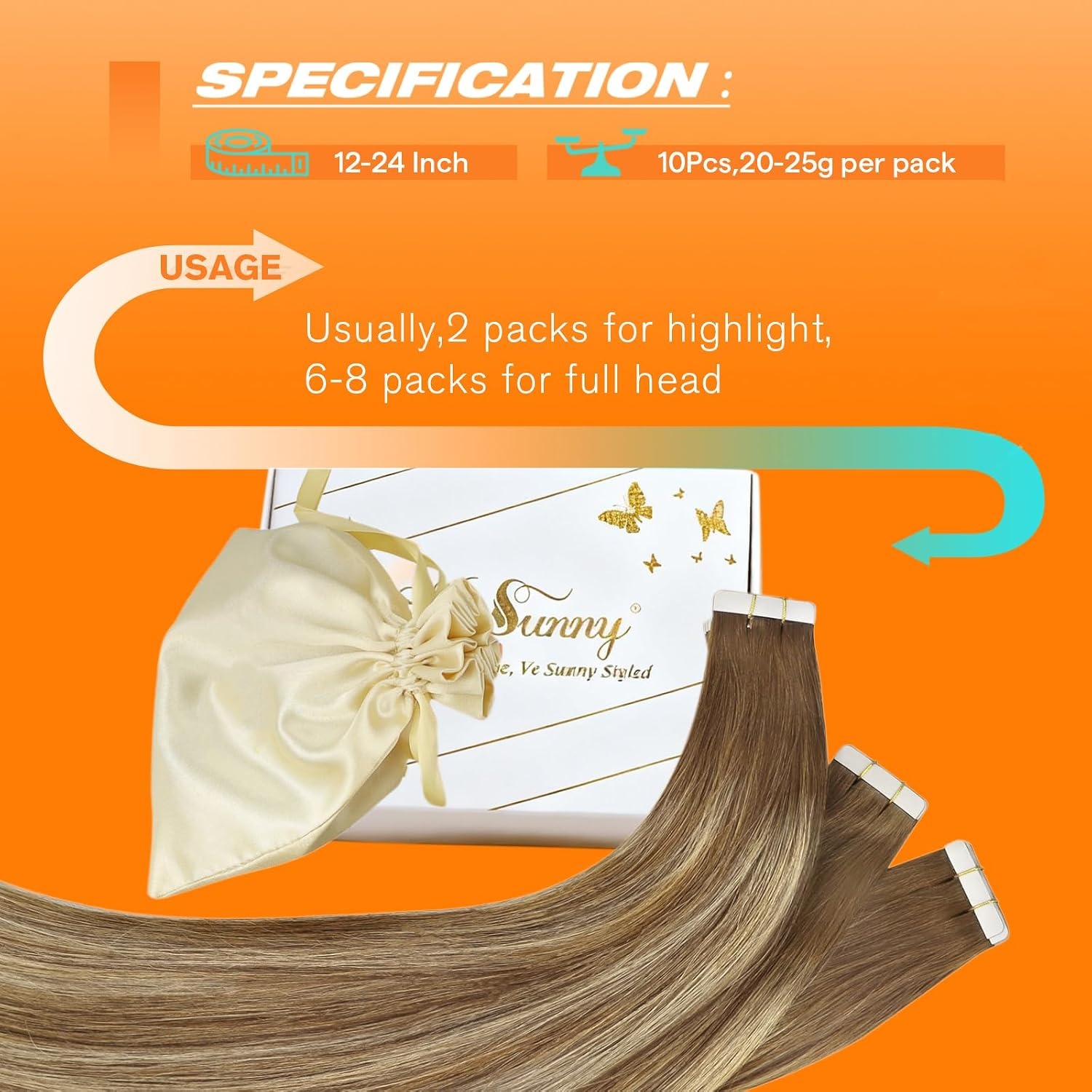 image:imageSunny Hair Tape in Extensions 24Inch Long Brown Balayage Blonde Soft Texture Tape ExtensionsSmooth Straight25g 10pcsfor Everyday Casual